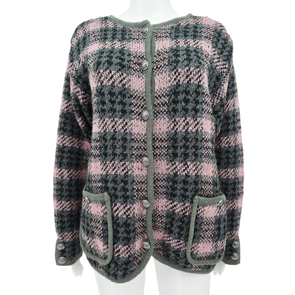 Vintage Grandmacore Plaid Cardigan Sweater Pink Gray M